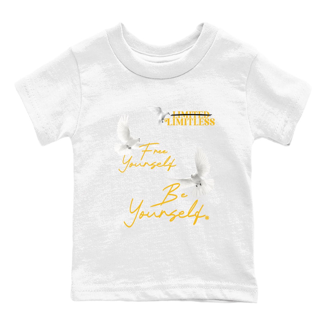 Free Yourself Be Yourself baby and kids t-shirt crafted for little sneakerheads to shine with the Air Jordan 5 Tokyo sneakers, displayed in White 2.
