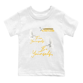 Free Yourself Be Yourself baby and kids t-shirt crafted for little sneakerheads to shine with the Air Jordan 5 Tokyo sneakers, displayed in White 2.