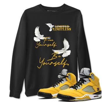 Free Yourself Be Yourself sneaker match t-shirt styled to complete your fit with the Air Jordan 5 Tokyo sneakers, shown in Black 1.