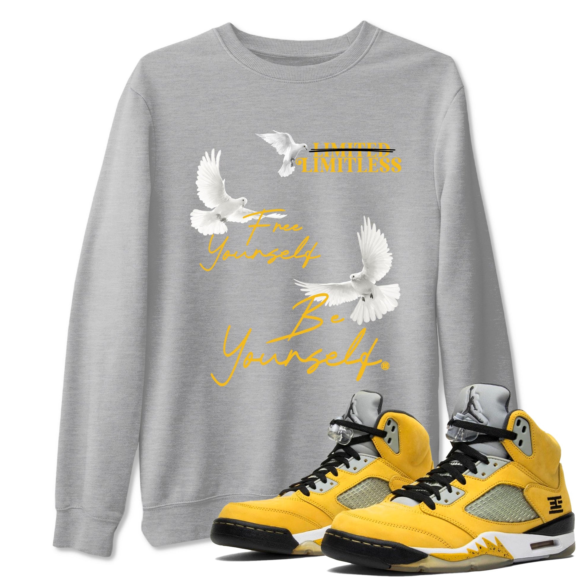 Free Yourself Be Yourself sneaker match t-shirt styled to complete your fit with the Air Jordan 5 Tokyo sneakers, shown in Heather Grey 1.