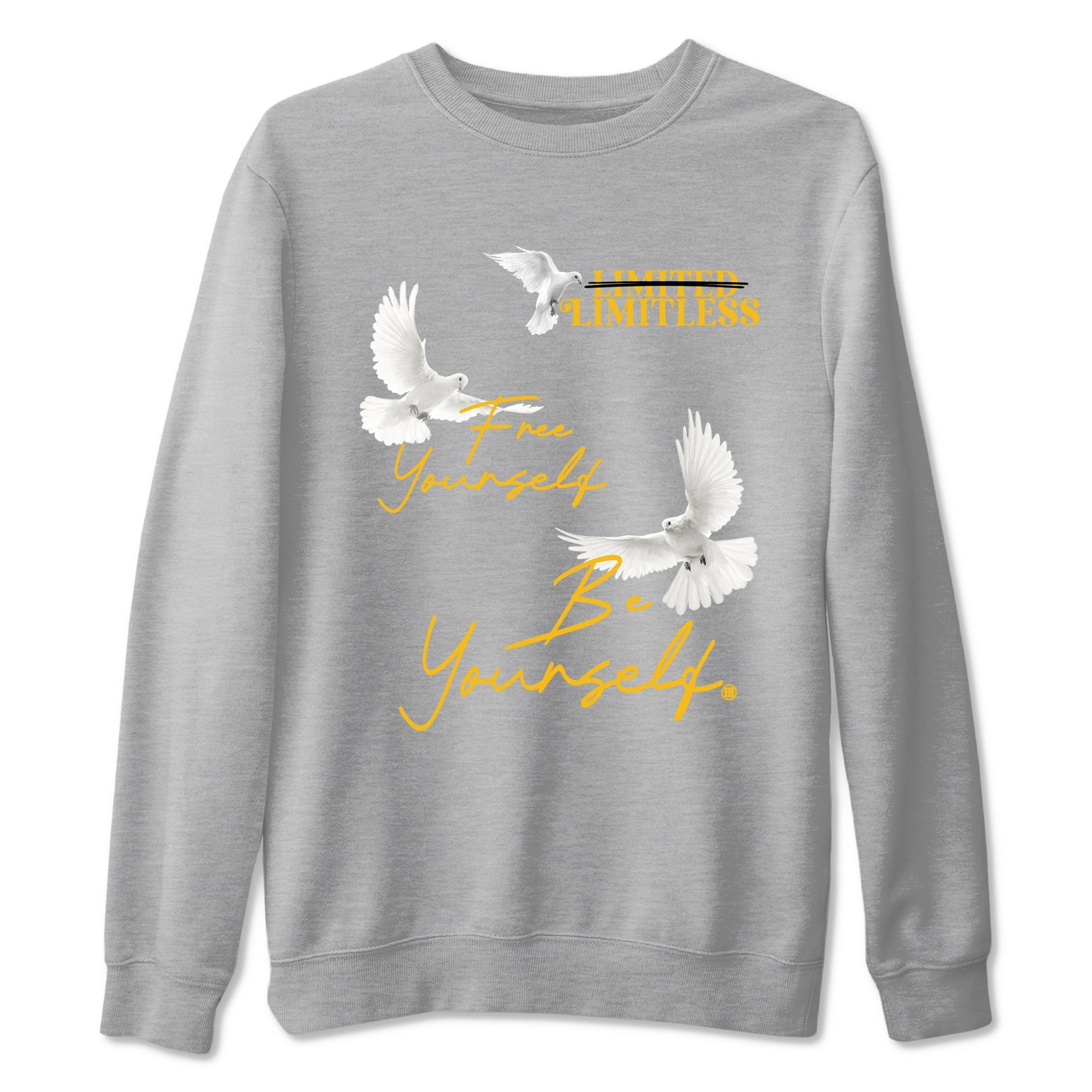 Free Yourself Be Yourself sneaker match t-shirt styled to complete your fit with the Air Jordan 5 Tokyo sneakers, shown in Heather Grey 2.