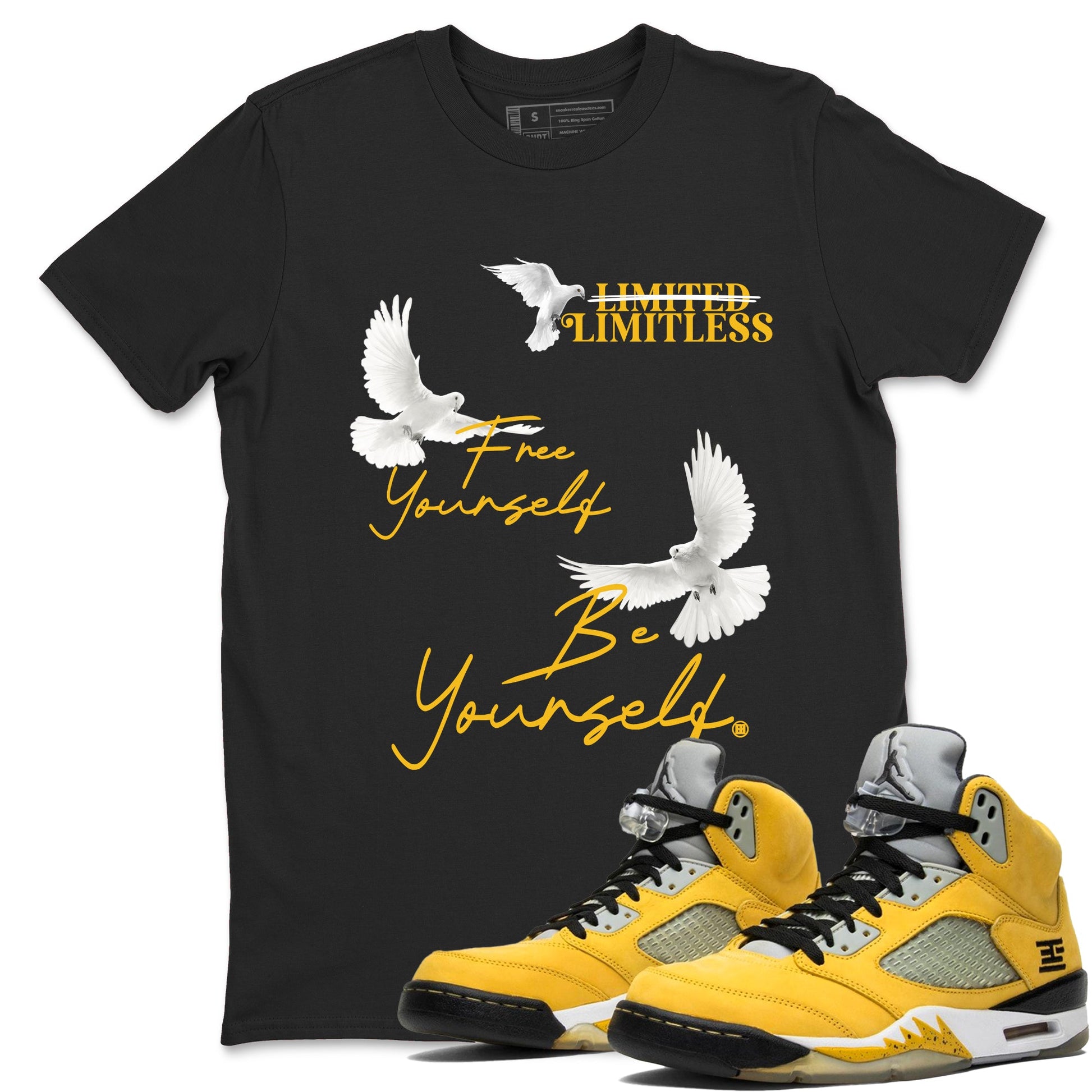 Free Yourself Be Yourself sneaker match t-shirt styled to complete your fit with the Air Jordan 5 Tokyo sneakers, shown in Black 1.