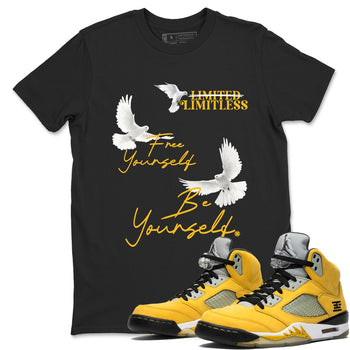 Free Yourself Be Yourself sneaker match t-shirt styled to complete your fit with the Air Jordan 5 Tokyo sneakers, shown in Black 1.
