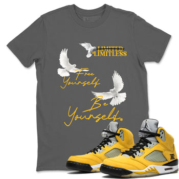 Free Yourself Be Yourself sneaker match t-shirt styled to complete your fit with the Air Jordan 5 Tokyo sneakers, shown in Cool Grey 1.