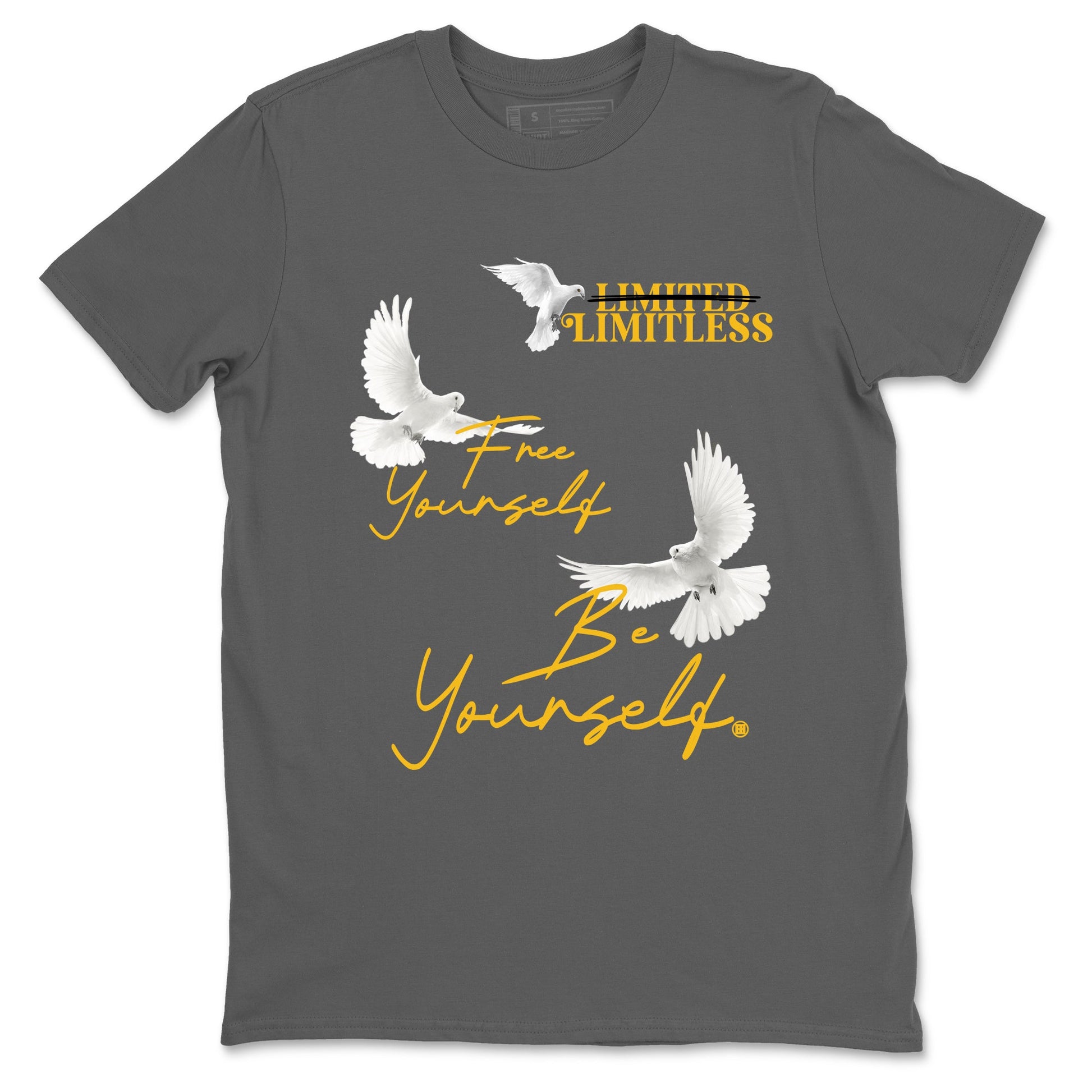 Free Yourself Be Yourself sneaker match t-shirt styled to complete your fit with the Air Jordan 5 Tokyo sneakers, shown in Cool Grey 2.