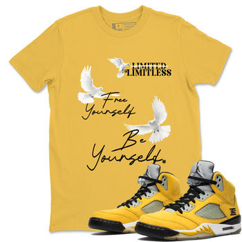 Free Yourself Be Yourself sneaker match t-shirt styled to complete your fit with the Air Jordan 5 Tokyo sneakers, shown in Daisy 1.