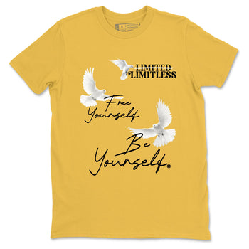 Free Yourself Be Yourself sneaker match t-shirt styled to complete your fit with the Air Jordan 5 Tokyo sneakers, shown in Daisy 2.