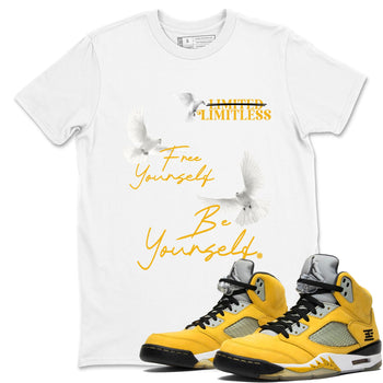 Free Yourself Be Yourself sneaker match t-shirt styled to complete your fit with the Air Jordan 5 Tokyo sneakers, shown in White 1.