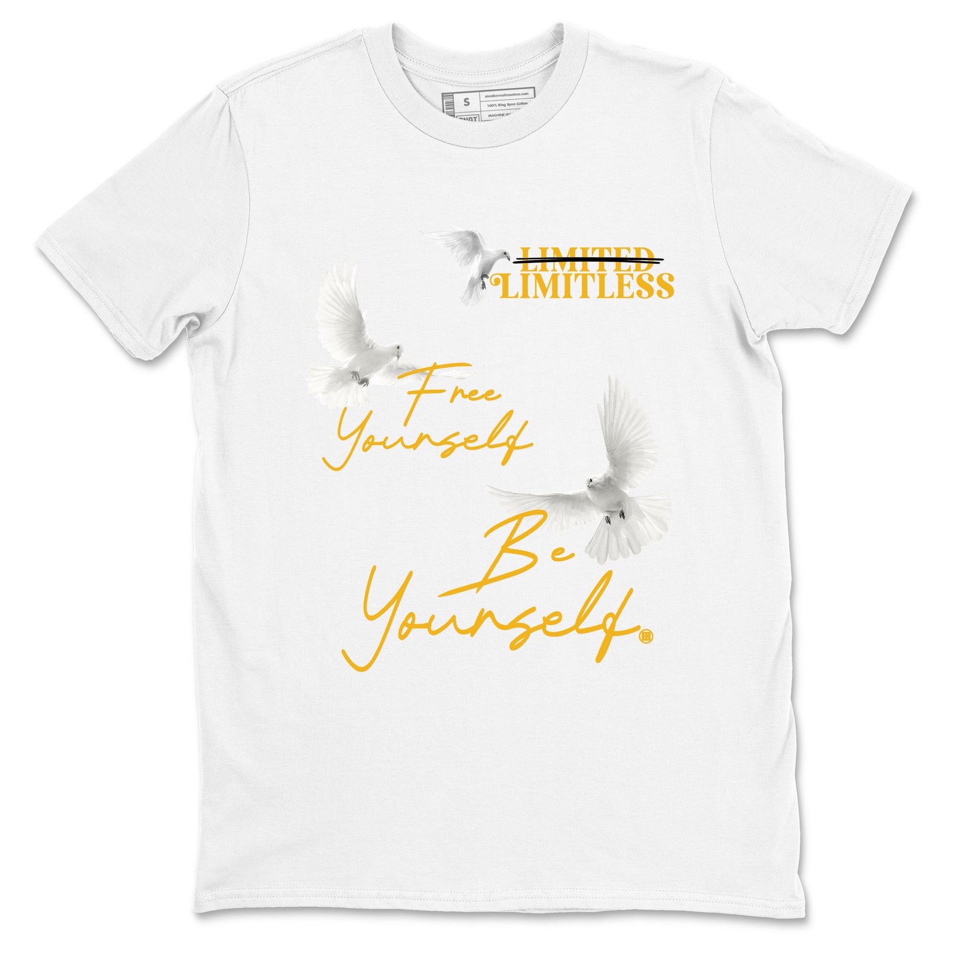 Free Yourself Be Yourself sneaker match t-shirt styled to complete your fit with the Air Jordan 5 Tokyo sneakers, shown in White 2.