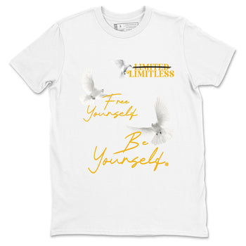 Free Yourself Be Yourself sneaker match t-shirt styled to complete your fit with the Air Jordan 5 Tokyo sneakers, shown in White 2.