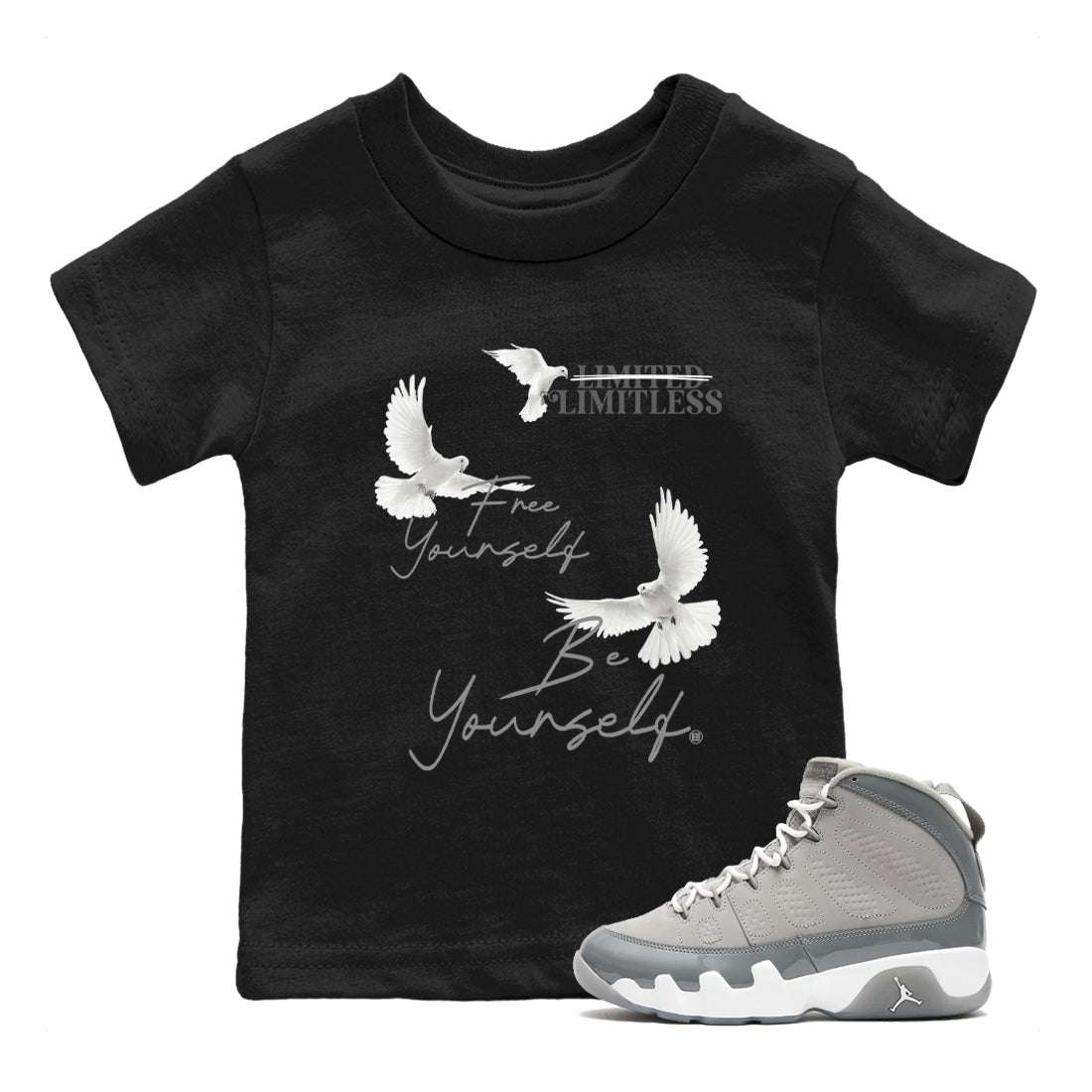 9s Cool Grey shirts to match jordans Free Yourself Be Yourself sneaker match tees Air Jordan 9 Cool Grey match shoes to clothes SNRT Sneaker Tees Youth Baby Black 1 tee