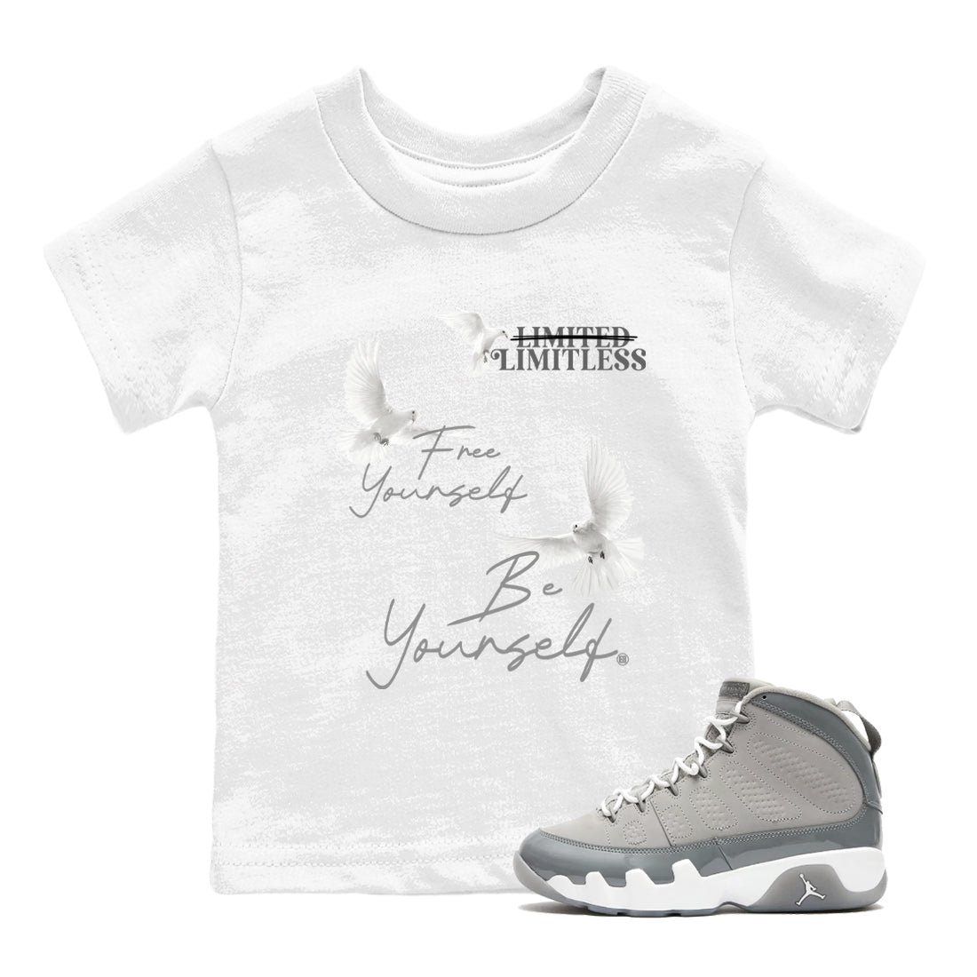 9s Cool Grey shirts to match jordans Free Yourself Be Yourself sneaker match tees Air Jordan 9 Cool Grey match shoes to clothes SNRT Sneaker Tees Youth Baby White 1 tee