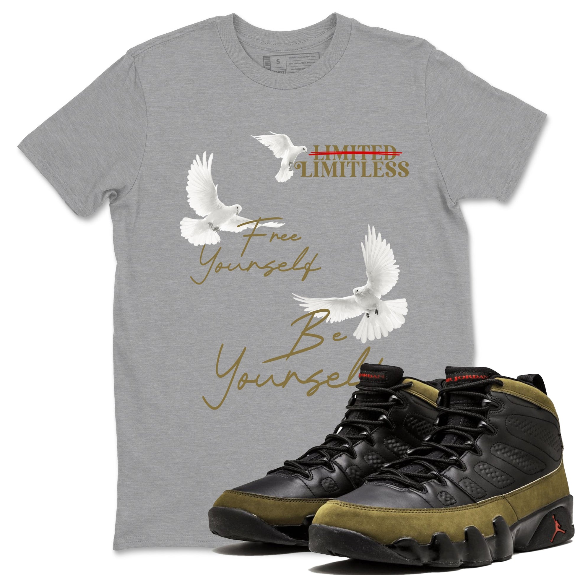 9s Olive shirts to match jordans Free Yourself Be Yourself sneaker match tees Air Jordan 9 Olive match shoes to clothes SNRT Sneaker Tees unisex cotton Heather Grey 1 shirts