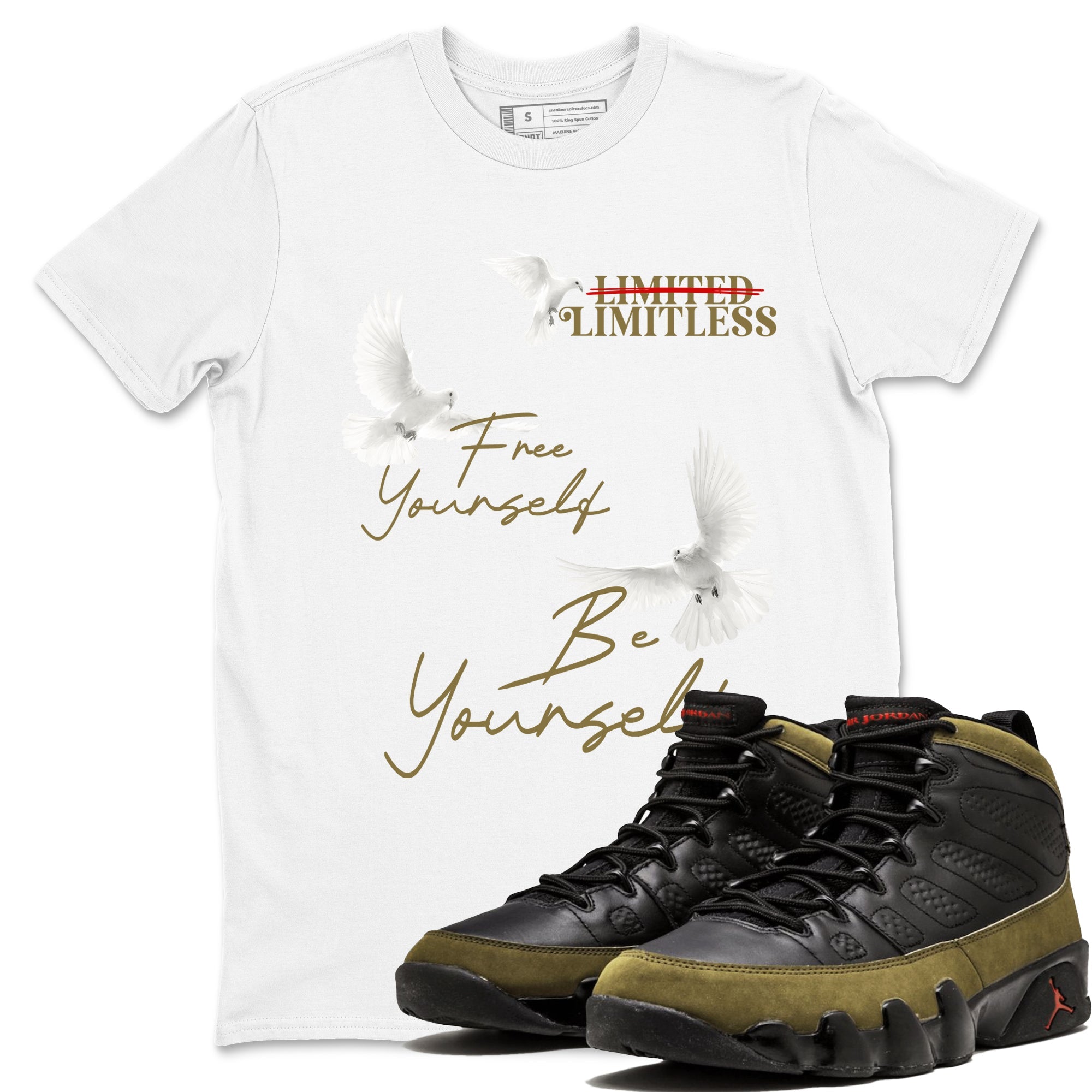 9s Olive shirts to match jordans Free Yourself Be Yourself sneaker match tees Air Jordan 9 Olive match shoes to clothes SNRT Sneaker Tees unisex cotton White 1 shirts