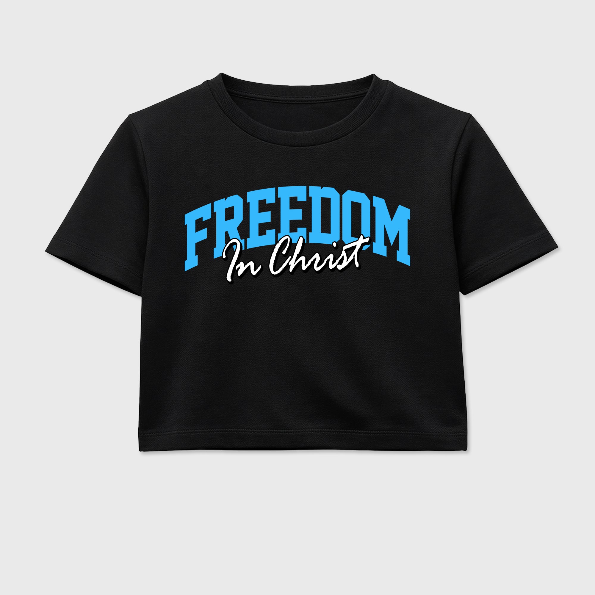 Best Sneakerfit Graphic Tee. Graphic Outfits. Sneaker Tees To Match Air Foamposite Pro University Blue Sneakers – Freedom In Christ Crop T-Shirt Black 2