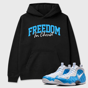 Best Sneakerfit Graphic Tee. Graphic Outfits. Sneaker Tees To Match Air Foamposite Pro University Blue Sneakers – Freedom In Christ Tee Black 1