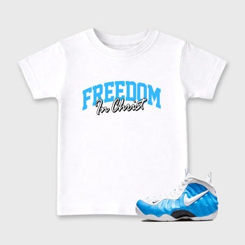 Best Sneakerfit Graphic Tee. Graphic Outfits. Sneaker Tees To Match Air Foamposite Pro University Blue Sneakers – Freedom In Christ Kids T-Shirt White 1