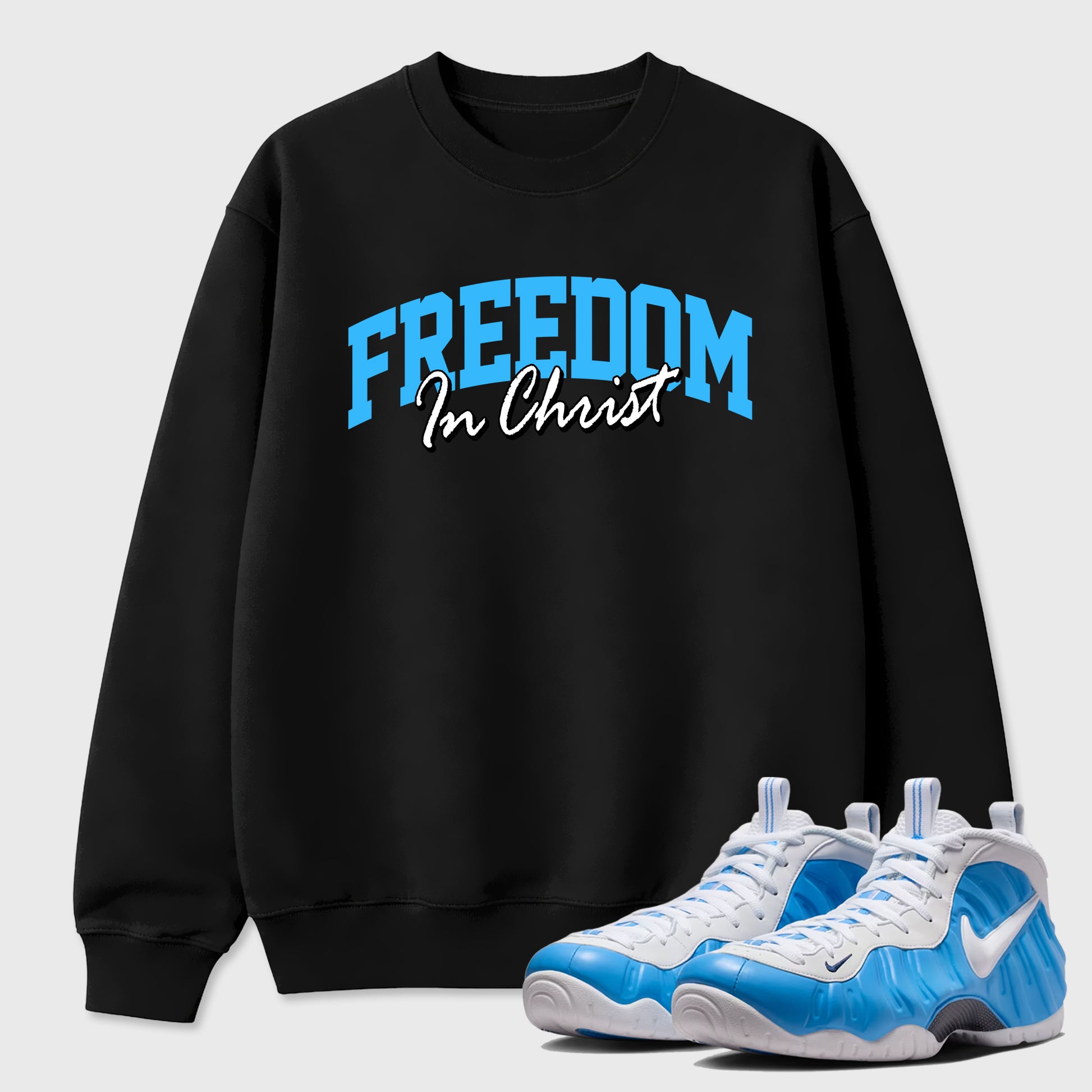 Best Sneakerfit Graphic Tee. Graphic Outfits. Sneaker Tees To Match Air Foamposite Pro University Blue Sneakers – Freedom In Christ Tee Black 1