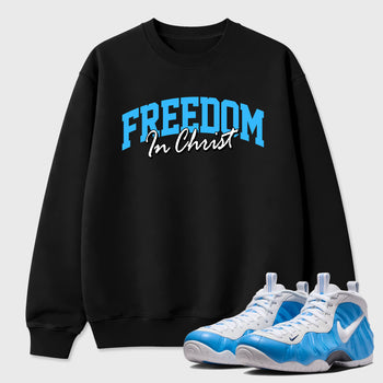 Best Sneakerfit Graphic Tee. Graphic Outfits. Sneaker Tees To Match Air Foamposite Pro University Blue Sneakers – Freedom In Christ Tee Black 1