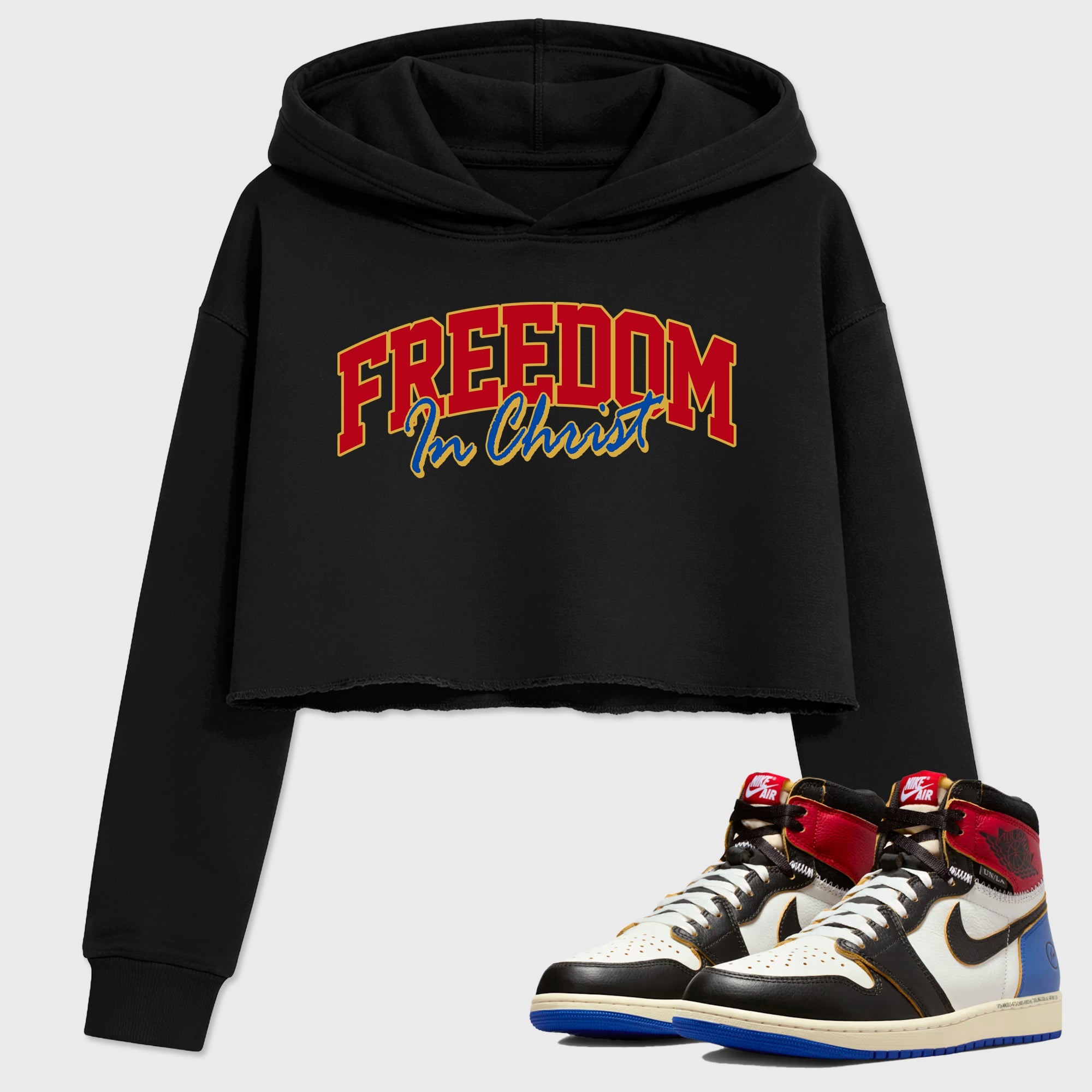 Sneakerfit for Sneakerheads – Sneaker Tees To Match Air Jordan 1 Union x Fragment Sneakers – Freedom In Christ Crop T-Shirt Black 1
