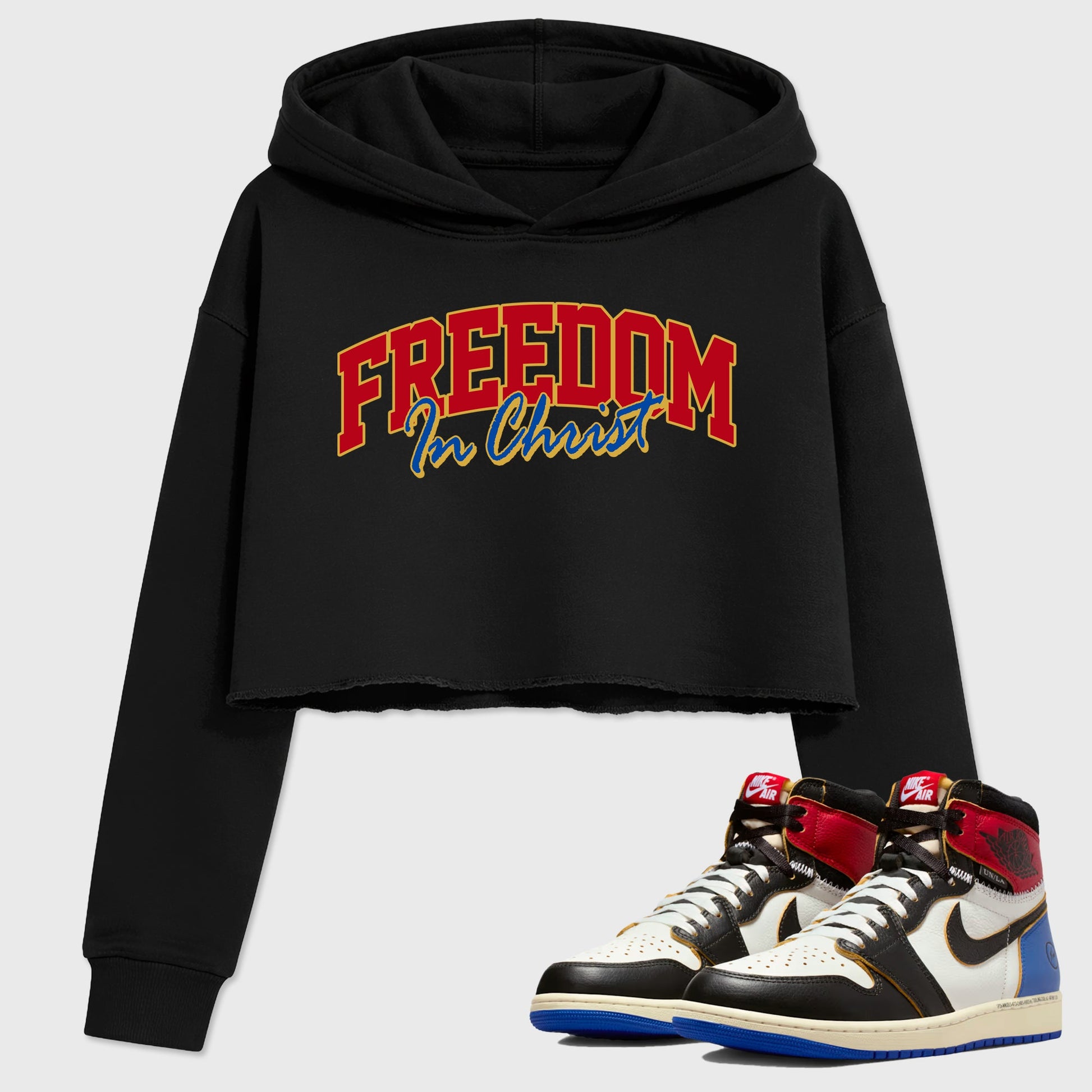 Sneakerfit for Sneakerheads – Sneaker Tees To Match Air Jordan 1 Union x Fragment Sneakers – Freedom In Christ Crop T-Shirt Black 1