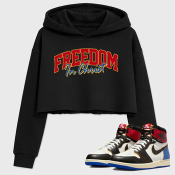 Sneakerfit for Sneakerheads – Sneaker Tees To Match Air Jordan 1 Union x Fragment Sneakers – Freedom In Christ Crop T-Shirt Black 1