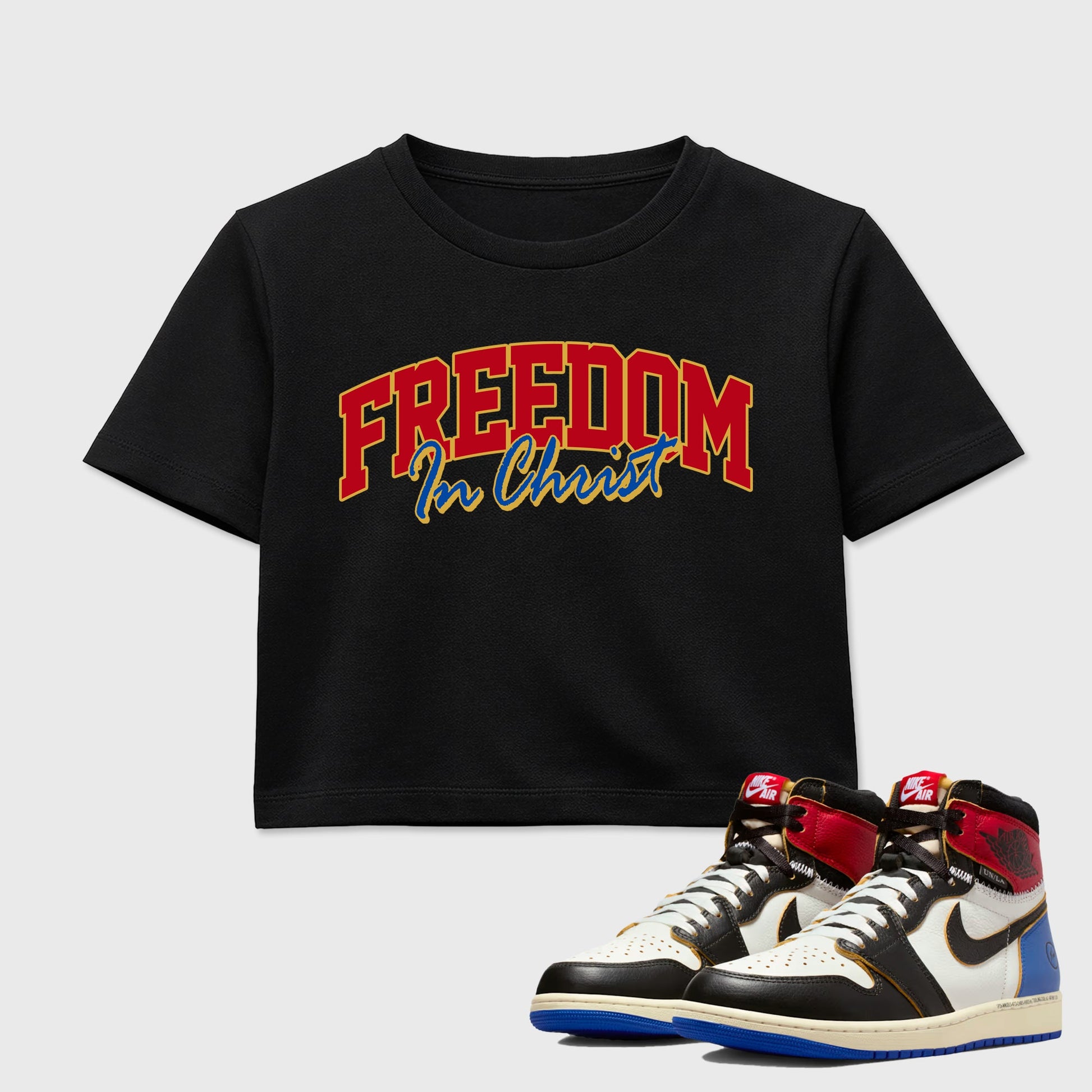 Sneakerfit for Sneakerheads – Sneaker Tees To Match Air Jordan 1 Union x Fragment Sneakers – Freedom In Christ Crop T-Shirt Black 1
