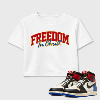 Sneakerfit for Sneakerheads – Sneaker Tees To Match Air Jordan 1 Union x Fragment Sneakers – Freedom In Christ Crop T-Shirt White 1