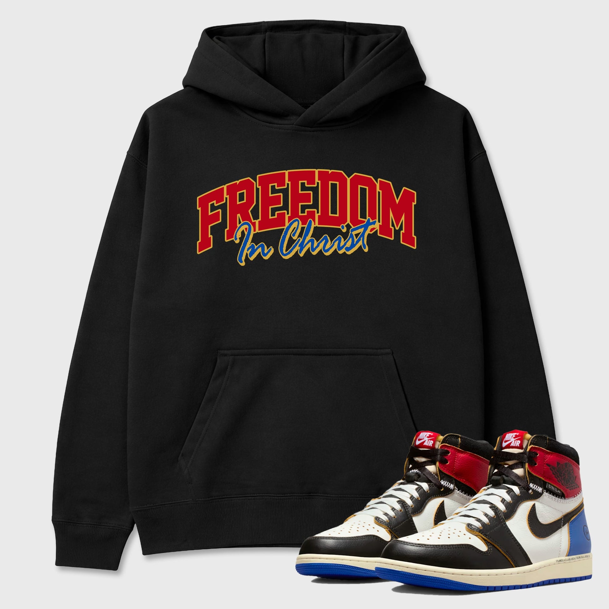 Sneakerfit for Sneakerheads – Sneaker Tees To Match Air Jordan 1 Union x Fragment Sneakers – Freedom In Christ Tee Black 1