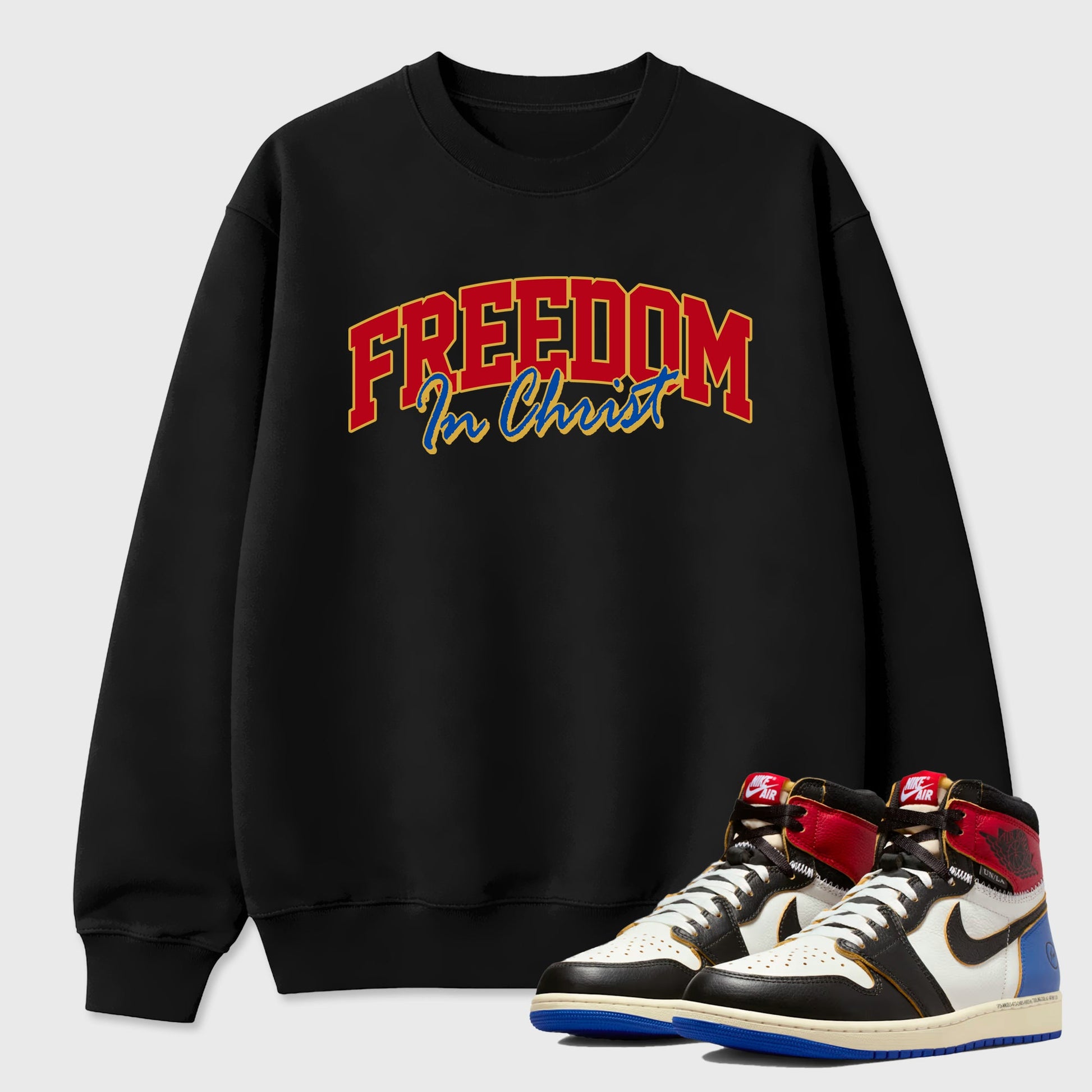 Sneakerfit for Sneakerheads – Sneaker Tees To Match Air Jordan 1 Union x Fragment Sneakers – Freedom In Christ Tee Black 1