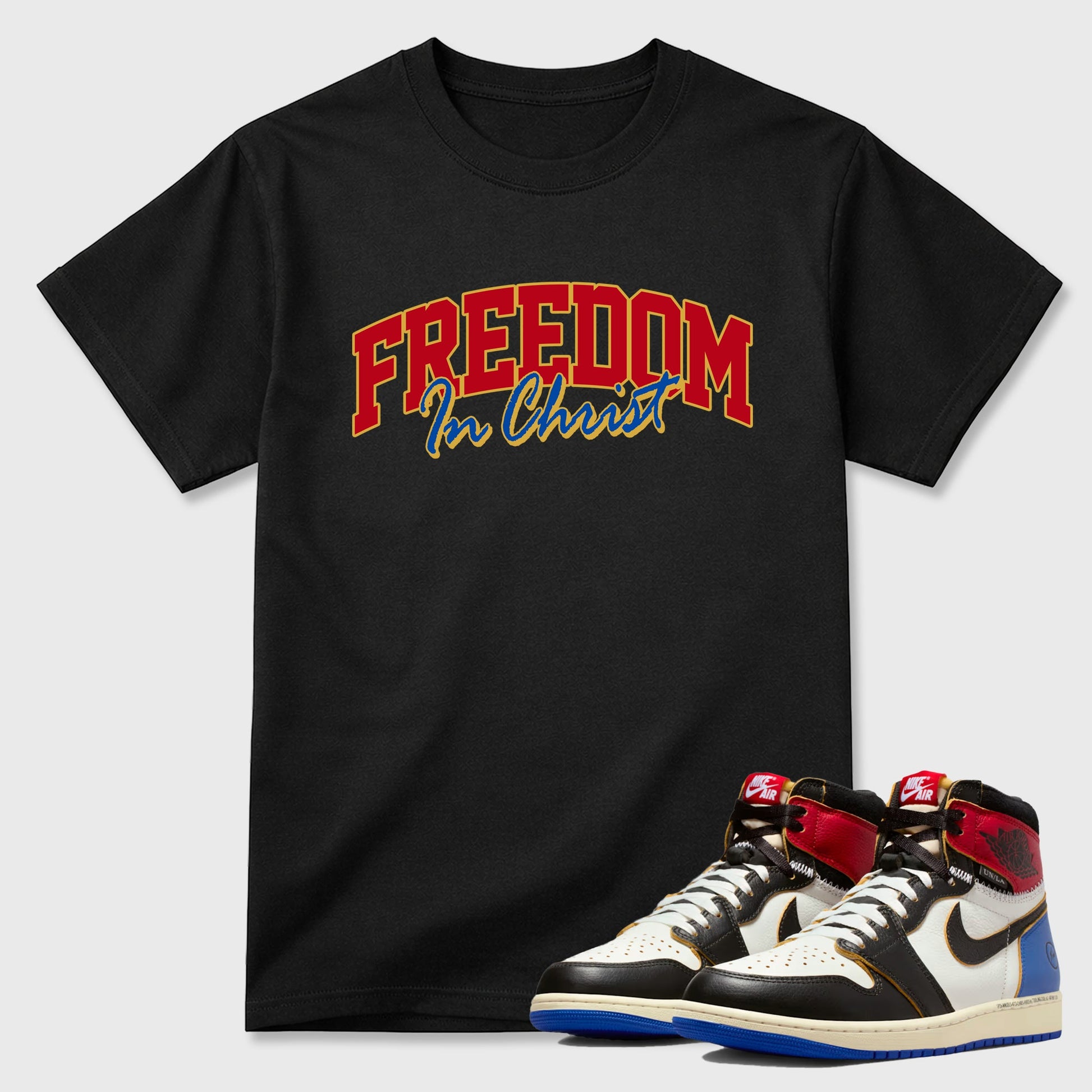 Sneakerfit for Sneakerheads – Sneaker Tees To Match Air Jordan 1 Union x Fragment Sneakers – Freedom In Christ Tee Black 1