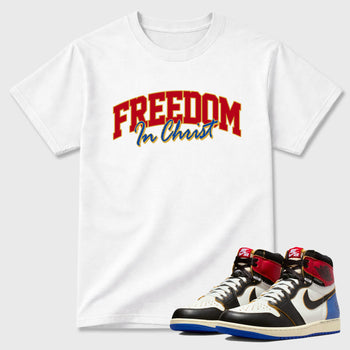 Sneakerfit for Sneakerheads – Sneaker Tees To Match Air Jordan 1 Union x Fragment Sneakers – Freedom In Christ Tee White 1