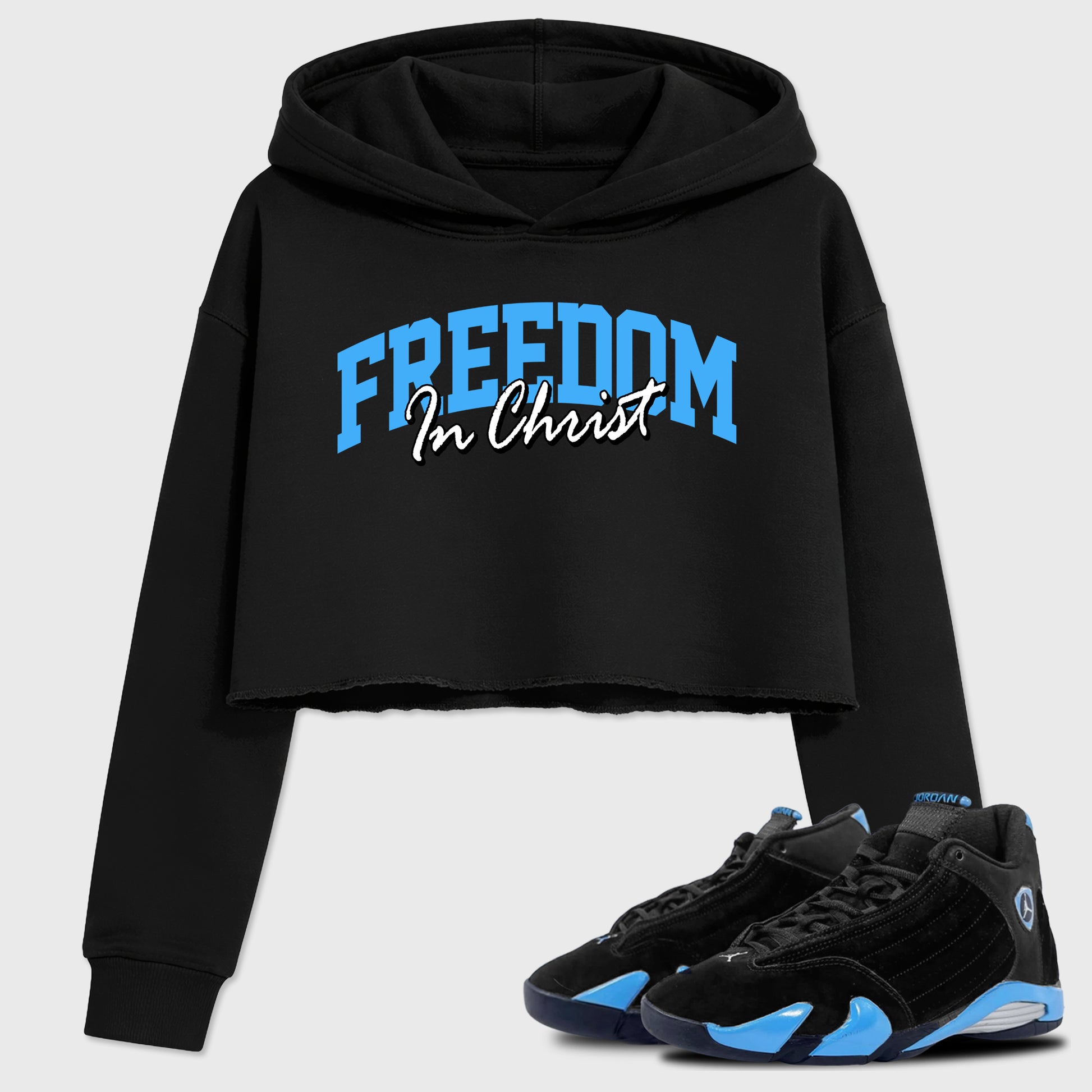 Sneaker match tees – Sneaker Tees To Match Air Jordan 14 University Blue Shoes – Freedom In Christ Crop T-Shirt Black 1