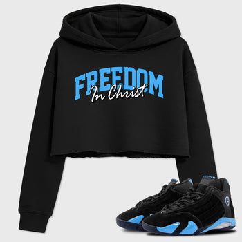 Sneaker match tees – Sneaker Tees To Match Air Jordan 14 University Blue Shoes – Freedom In Christ Crop T-Shirt Black 1