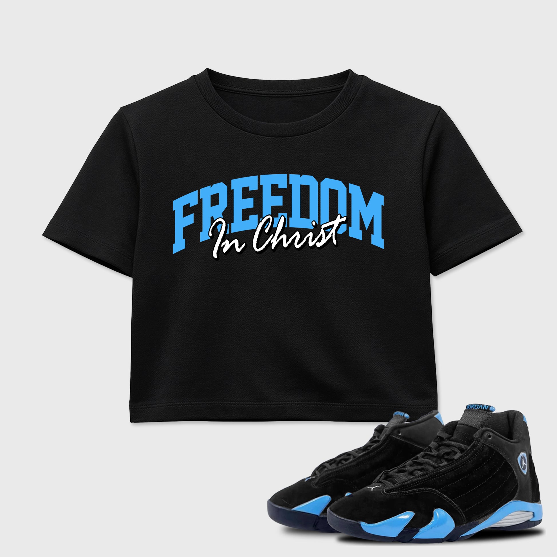 Sneaker match tees – Sneaker Tees To Match Air Jordan 14 University Blue Shoes – Freedom In Christ Crop T-Shirt Black 1