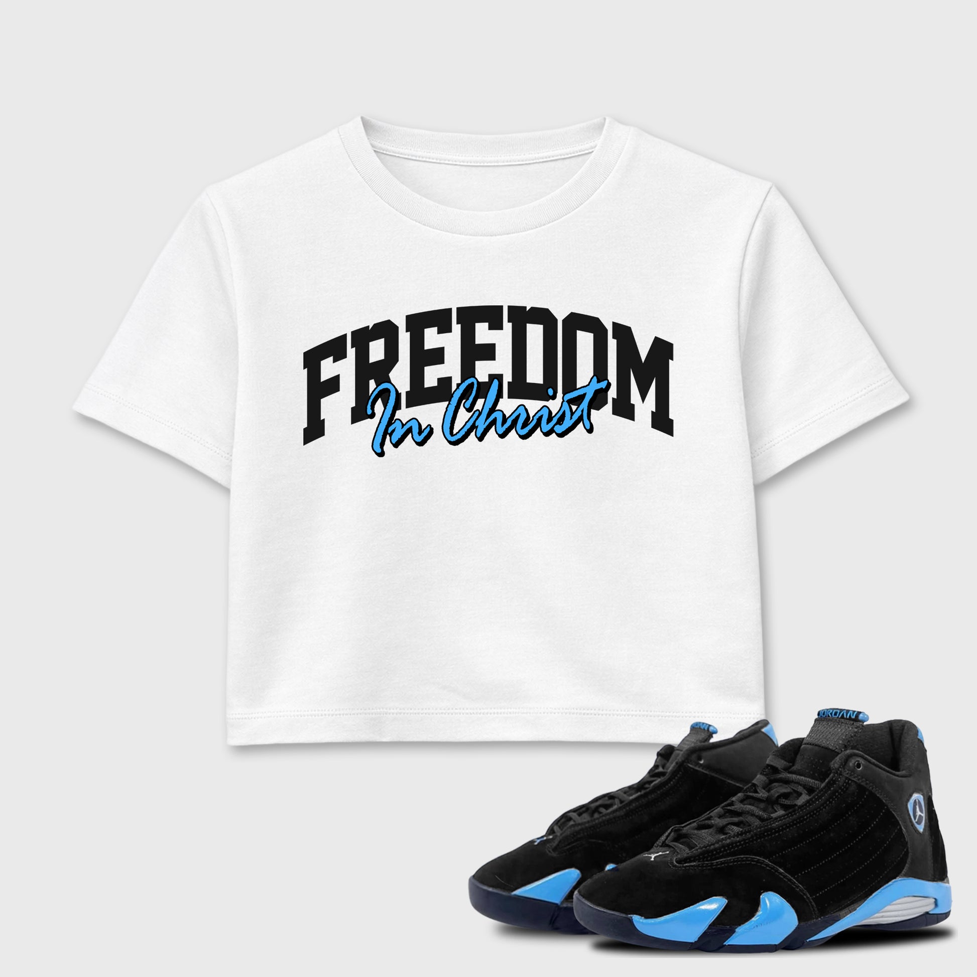 Sneaker match tees – Sneaker Tees To Match Air Jordan 14 University Blue Shoes – Freedom In Christ Crop T-Shirt White 1