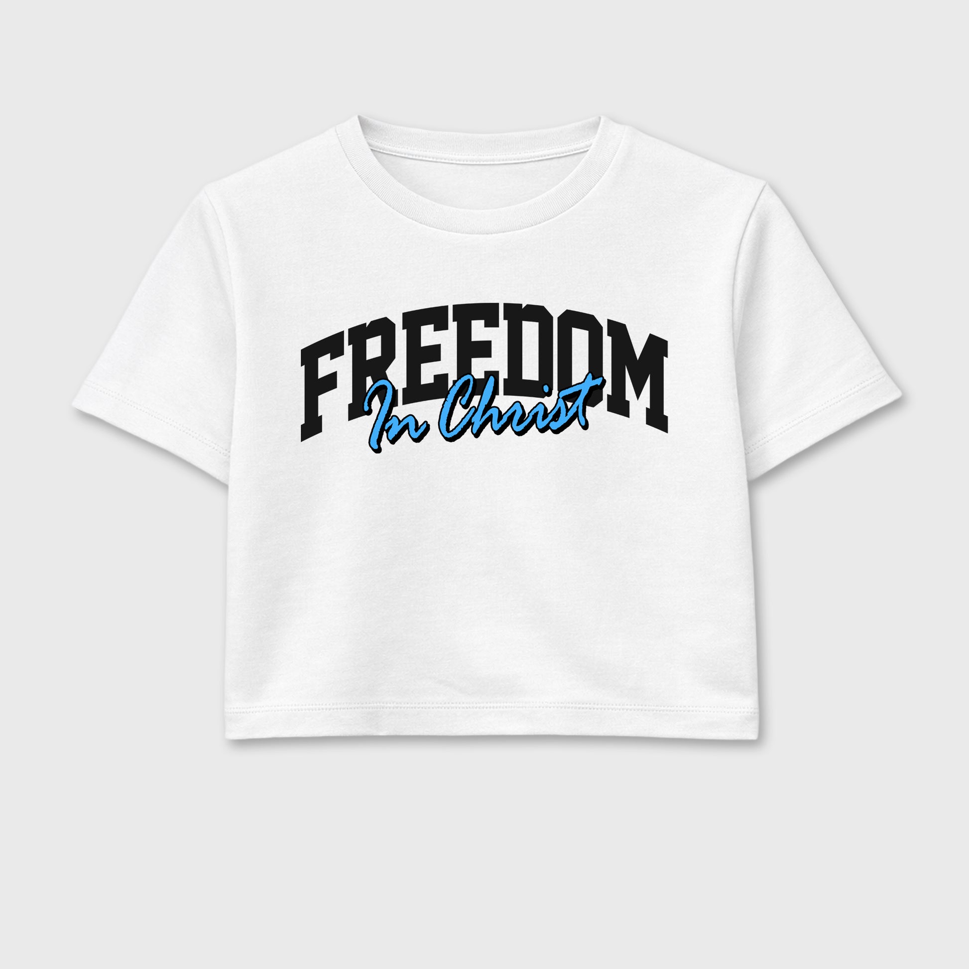 Sneaker match tees – Sneaker Tees To Match Air Jordan 14 University Blue Shoes – Freedom In Christ Crop T-Shirt White 2