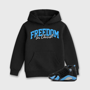 Sneaker match tees – Sneaker Tees To Match Air Jordan 14 University Blue Shoes – Freedom In Christ Kids T-Shirt Black 1