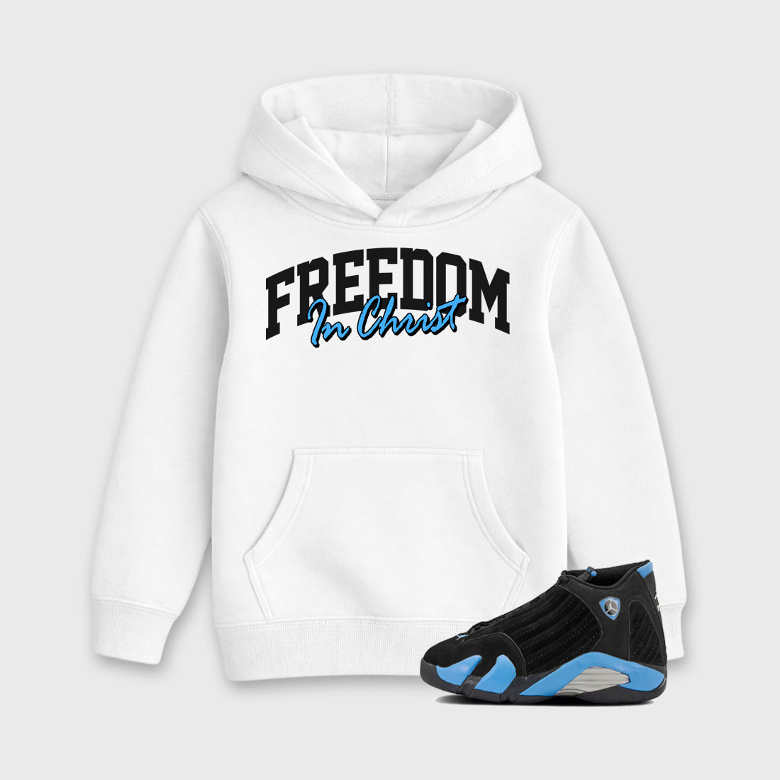 Sneaker match tees – Sneaker Tees To Match Air Jordan 14 University Blue Shoes – Freedom In Christ Kids T-Shirt White 1