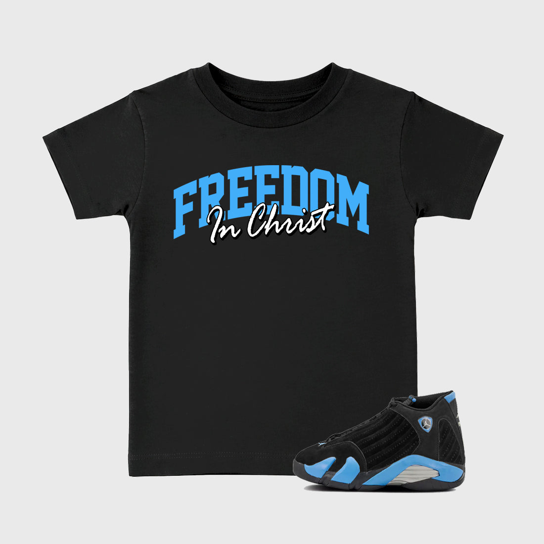 Sneaker match tees – Sneaker Tees To Match Air Jordan 14 University Blue Shoes – Freedom In Christ Kids T-Shirt Black 1