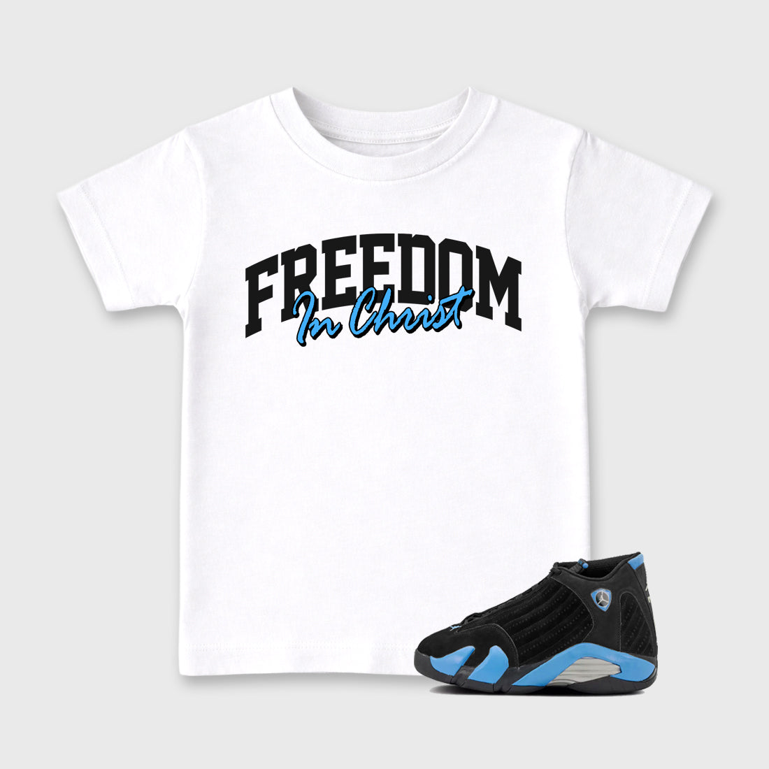 Sneaker match tees – Sneaker Tees To Match Air Jordan 14 University Blue Shoes – Freedom In Christ Kids T-Shirt White 1