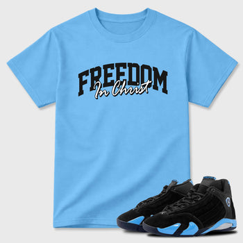 Sneaker match tees – Sneaker Tees To Match Air Jordan 14 University Blue Shoes – Freedom In Christ Tee Carolina Blue 1