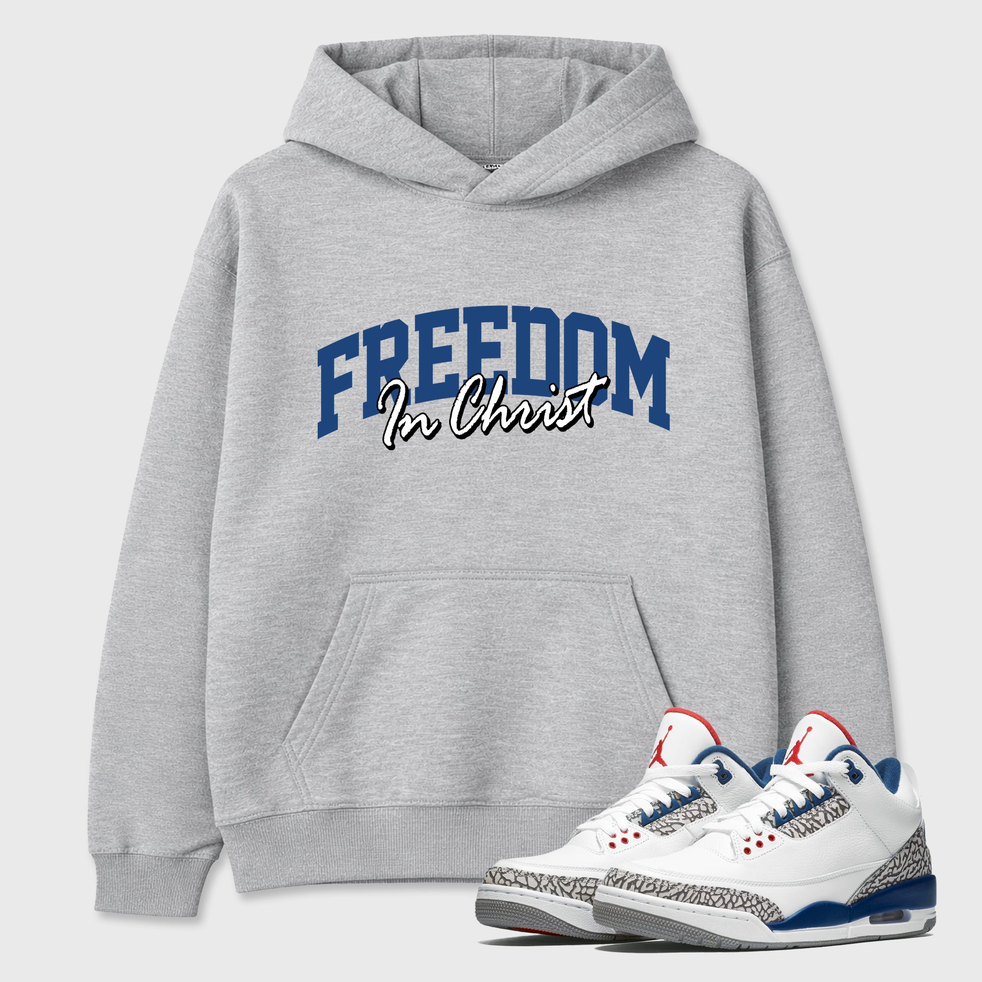 Freedom In Christ Graphic T-Shirt featuring original streetwear artwork designed to match the Air Jordan 3 True Blue. Heather Grey 1 Graphic Tee.