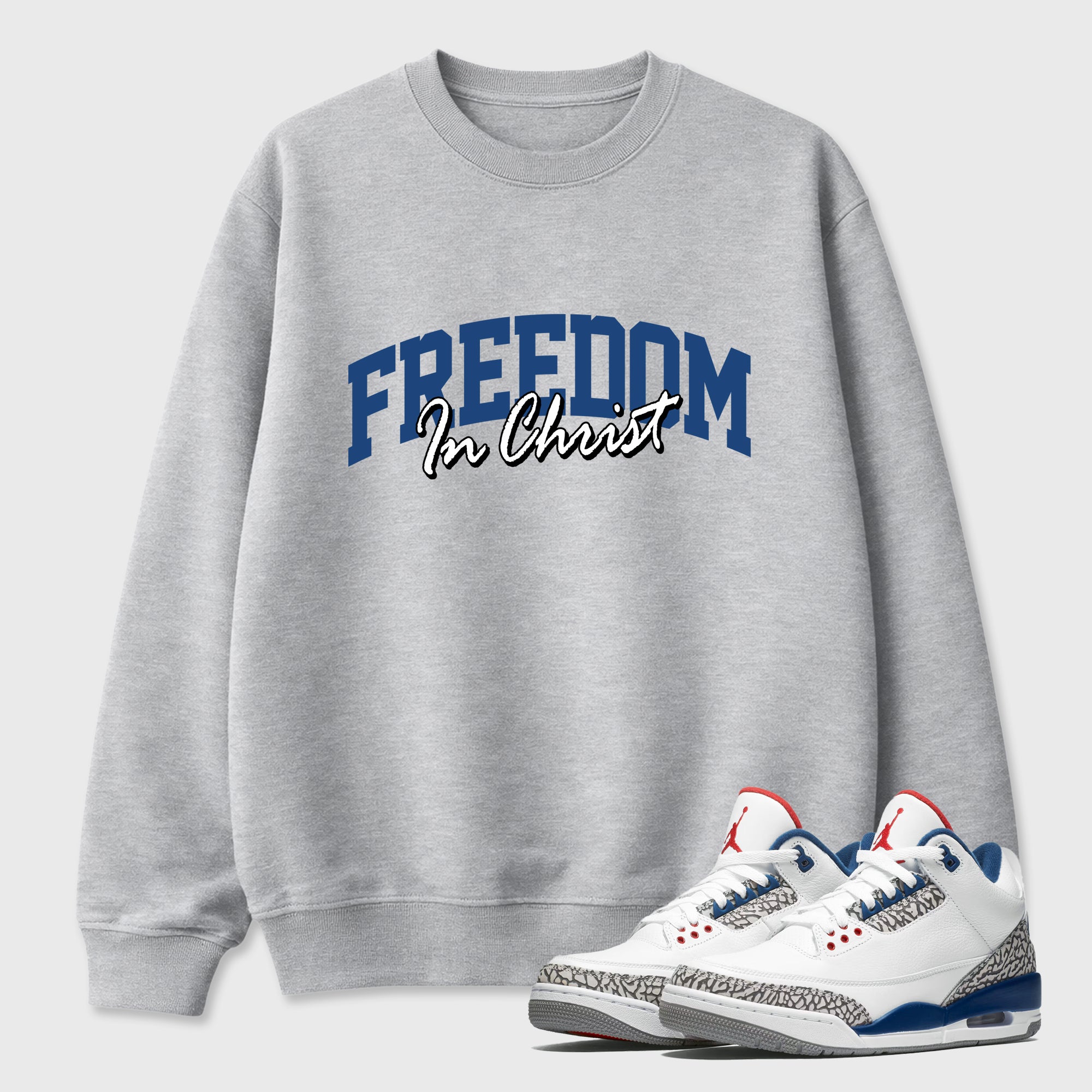 Freedom In Christ Graphic T-Shirt featuring original streetwear artwork designed to match the Air Jordan 3 True Blue. Heather Grey 1 Graphic Tee.