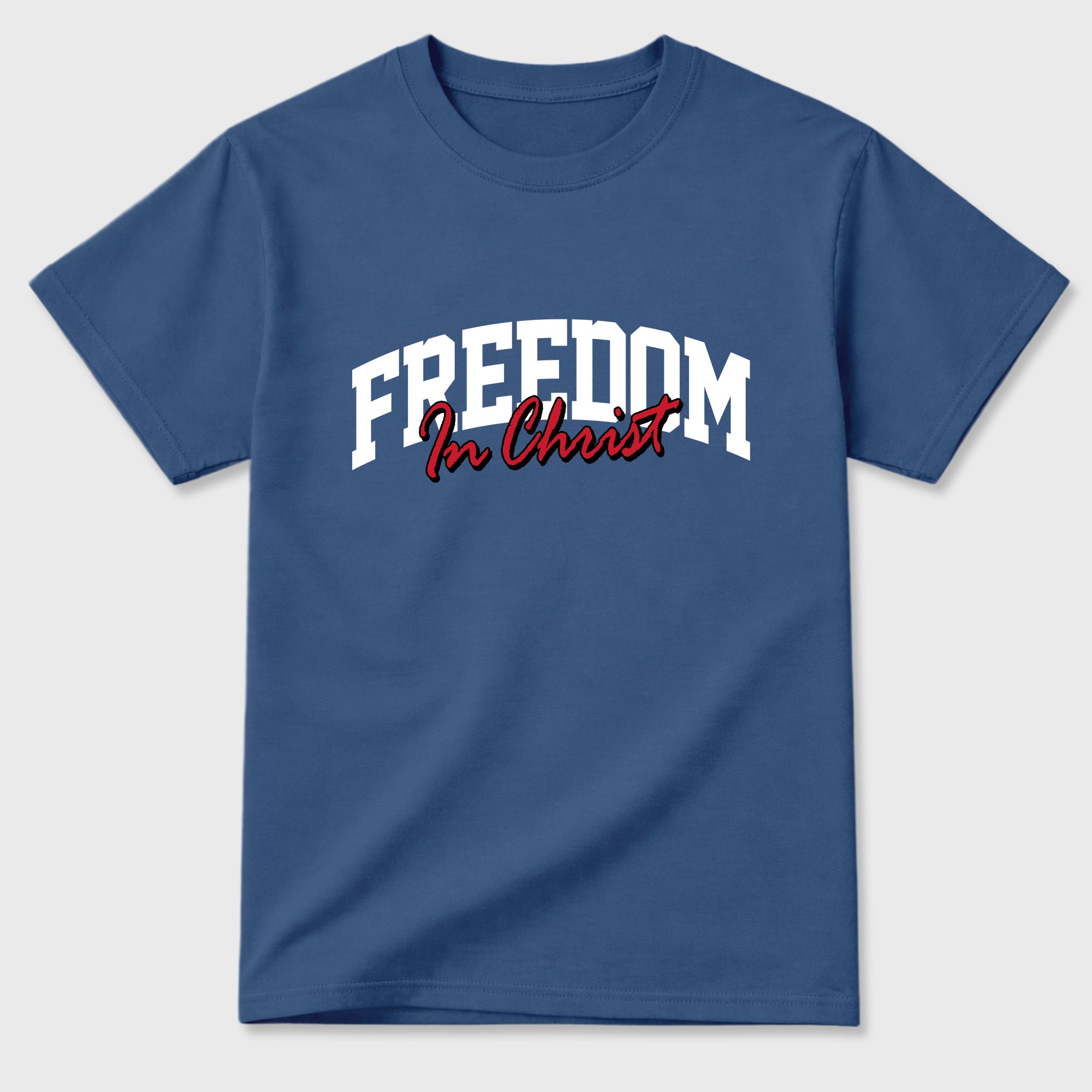 Freedom In Christ Graphic T-Shirt featuring original streetwear artwork designed to match the Air Jordan 3 True Blue. Denim Blue 2 Graphic T-Shirt.