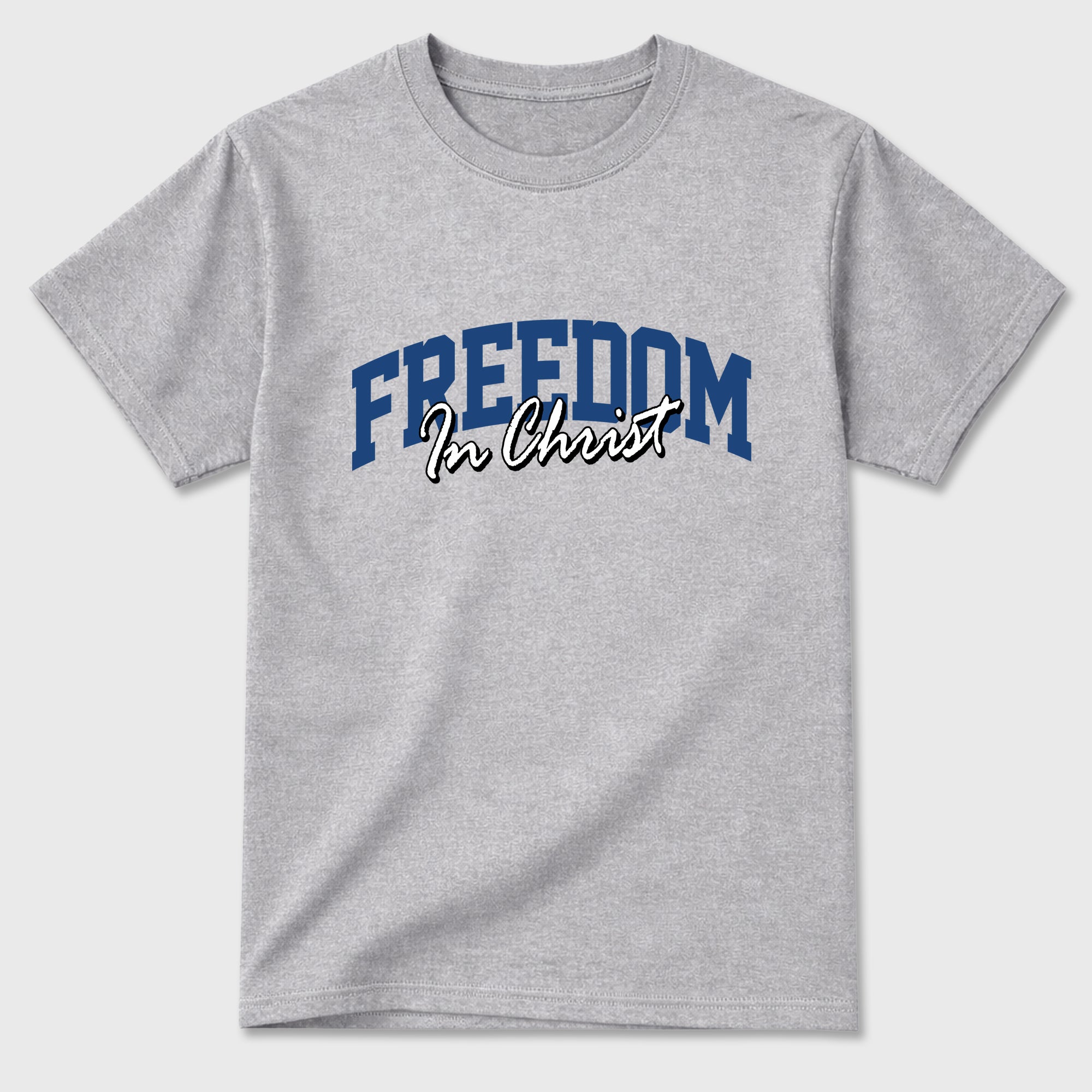 Freedom In Christ Graphic T-Shirt featuring original streetwear artwork designed to match the Air Jordan 3 True Blue. Heather Grey 2 Graphic T-Shirt.