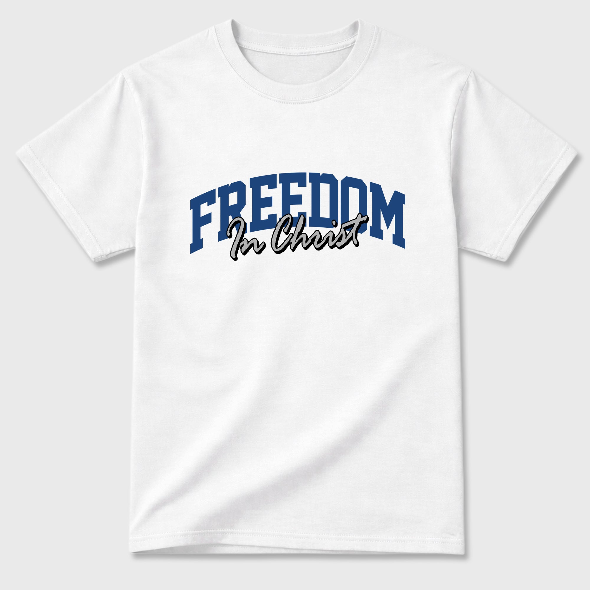 Freedom In Christ Graphic T-Shirt featuring original streetwear artwork designed to match the Air Jordan 3 True Blue. White 2 Graphic T-Shirt.