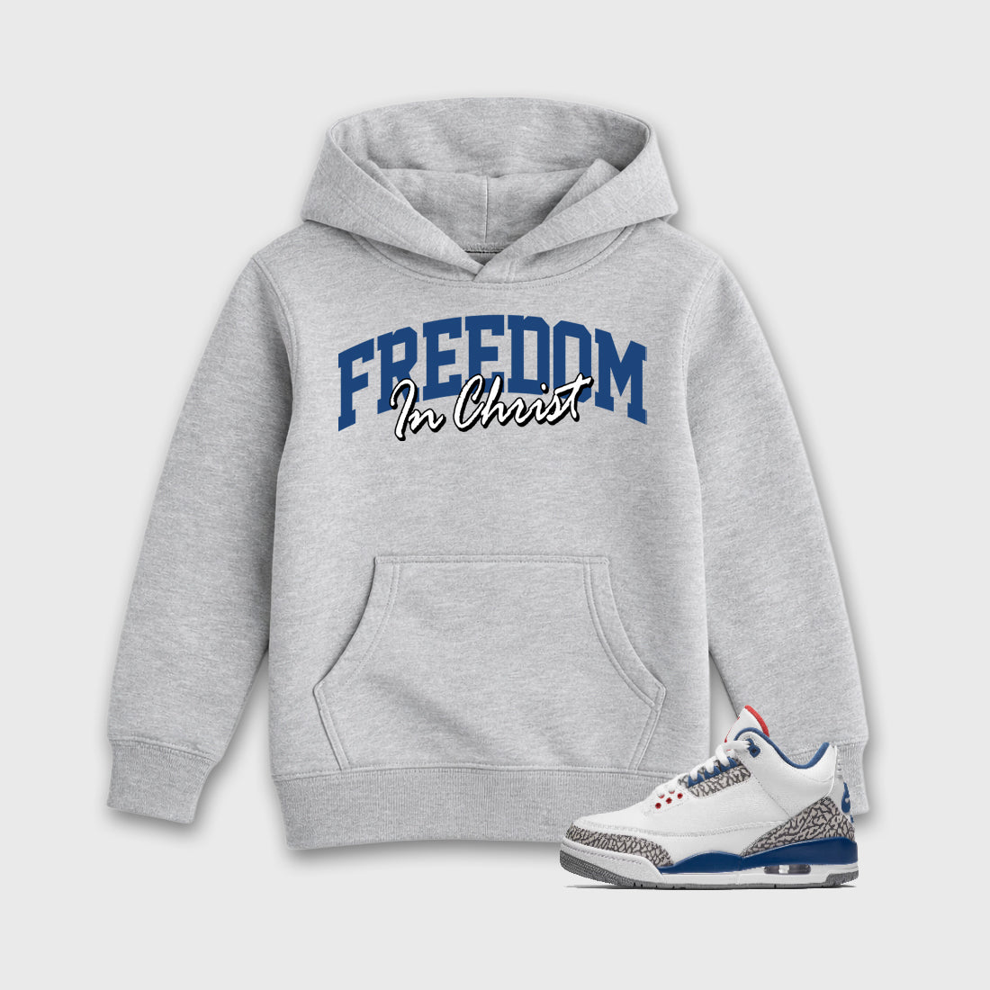 Freedom In Christ Baby & Kids Graphic Hoodie featuring original artwork designed to match the Air Jordan 3 True Blue. Heather Grey 1 Kids Graphic Sweater.
