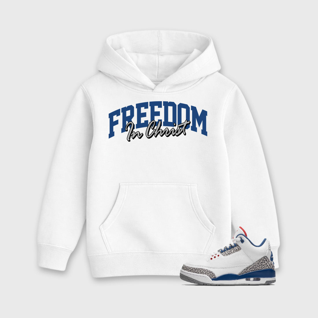 Freedom In Christ Baby & Kids Graphic Hoodie featuring original artwork designed to match the Air Jordan 3 True Blue. White 1 Kids Graphic Sweater.