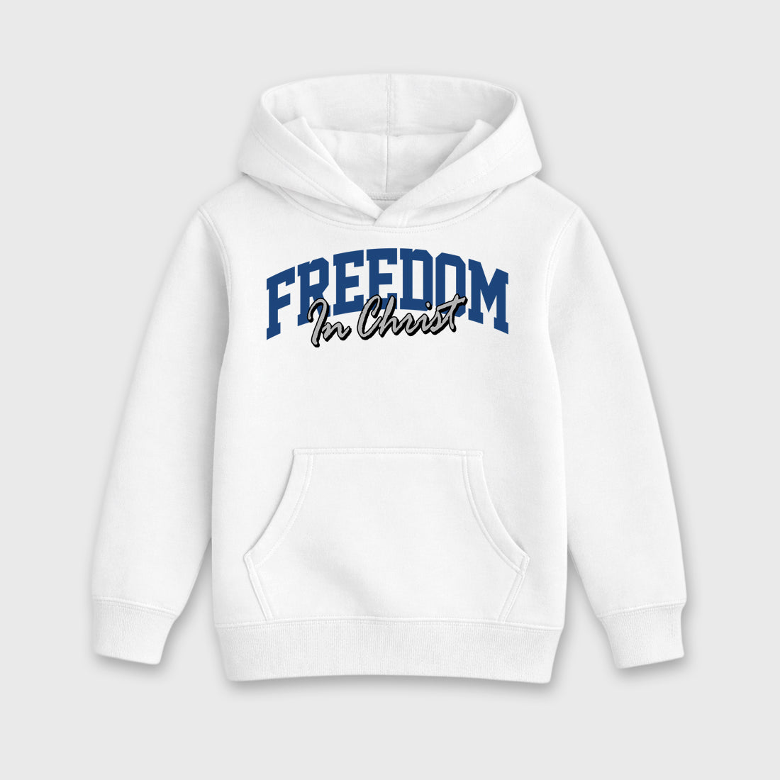 Freedom In Christ Baby & Kids Graphic Hoodie featuring original artwork designed to match the Air Jordan 3 True Blue. White 2 Kids Graphic Sweater.